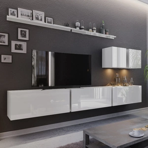 Nástěnná skříňka Awans v bílém lesku s všudypřítomnou geometrií je receptem na ergonomický a funkční interiér