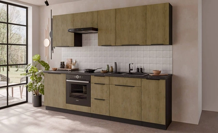 Sada kuchyňského nábytku Crotone 260 cm elegantní kuchyňské skříňky v jemných a přírodních barvách úchyty s kovovými hranami