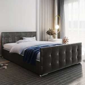 Čalouněná postel Alford 140x200 šedá s kontejnerem v moderním skandinávském stylu s prošívaným čelem a nohama s krystaly