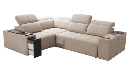 Rohová sedačka s funkcí spaní Tesalia II béžová levá pohodlná rohová sedačka do obývacího pokoje s posuvným opěradlem nádoba na lůžkoviny