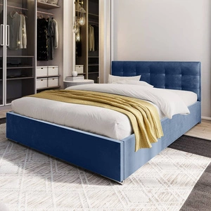 Čalouněná postel Montigo 180x200 modrá s úložným boxem v moderním skandinávském stylu s prošívaným čelem