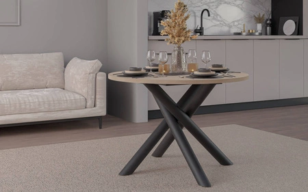 Kulatý stůl Lyon 110 cm dub lindberg / černý designový jídelní stůl na kovových pavoučích nohách výškově nastavitelný