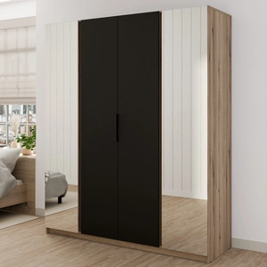 Šatní skříň se zrcadlem Kastano IX 200 cm dub evoke / černá moderní designová skříň určená do ložnice nebo předsíně kovové úchyty