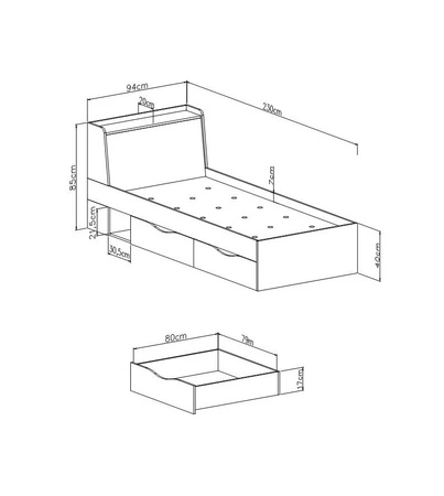 Postel se zásuvkami Dzeta 90x200 cm dub / antracit moderní design lemování postele zakončené speciální ABS dýhou úložný prostor v čele postele