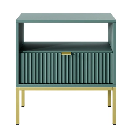 Lovro noční stolek se zásuvkou pastelově zelený vkusný drážkovaný dekor ideální skříňka do ložnice zlaté kovové doplňky