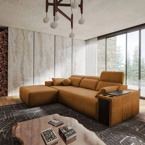 Rohová sedací souprava s funkcí spaní Tesalia medová levá moderní design pohodlný posuvný opěrák zásuvka v boku nábytku