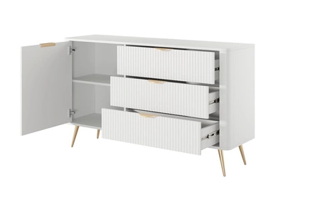 Zásuvková komoda Lante 138 cm bílá elegantní zaoblená komoda na kovovém podstavci se stylovými úchyty