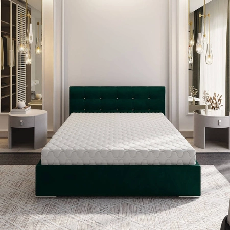 Čalouněná postel Mona 140x200 lahvově zelená s kontejnerem v moderním skandinávském stylu s prošívaným podhlavníkem s krystaly