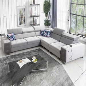 Rohová sedací souprava s funkcí spaní Hampton III šedý jasan pravá pohodlná rohová sedací souprava z hladké a měkké látky sametového typu