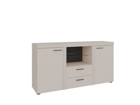 Komoda Rene 156 cm pískově béžová elegantní a univerzální styl komody do obývacího pokoje vkusné černé úchyty