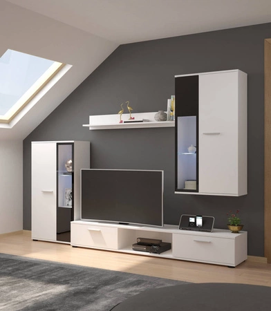 Meblościanka Senja biała nowoczesny design witryna stojąca i wisząca półki z bezpiecznego szkła hartowanego