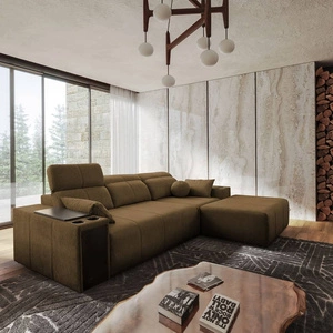 Rohová sedací souprava s funkcí spaní Tesalia hnědá pravý roh moderní design pohodlné posuvné opěradlo zásuvka v boku nábytku