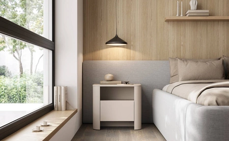 Noční skříňka Bari béžová moderní designová skříňka do ložnice s oválným tvarem bezúchytkový systém otevírání zásuvek push to open