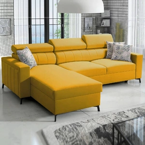 Rohová sedací souprava s funkcí spaní Savona žlutá levá pohodlná a elegantní rohová sedací souprava s nastavitelnými opěrkami hlavy dekorativní prošívání