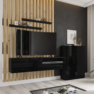 Nástěnná skříňka Almiros černá / černý lesk Moderní design Nástěnná skříňka se zásuvkovým systémem push to open do obývacího pokoje s komodou