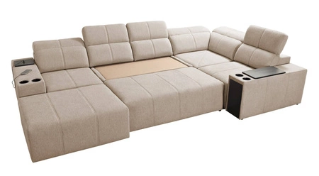 Rohová pohovka s funkcí spaní Tesalia IV Lux béžová levá stylová rohová pohovka s výsuvnou opěrkou nohou a posuvnou funkcí opěradla