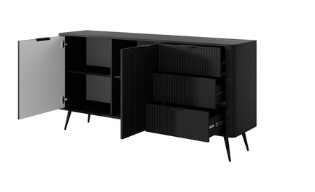 Zásuvková komoda Lante 163 cm černá vkusná komoda s drážkovanými čely na vysokých šikmých nohách se stylovými úchyty