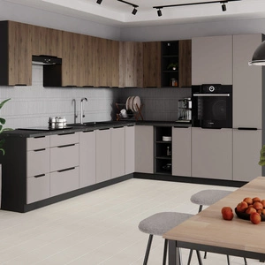 Brianza / Tarraco rohová kuchyňská sestava 310x250 cm kovové úchytky skříněk vypadají skvěle v moderních interiérech