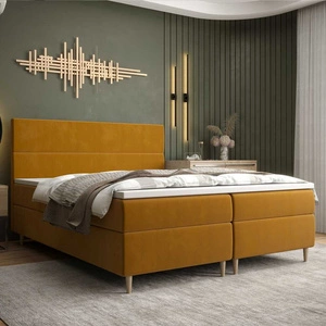 Kontinentální postel Bing 180x200 hořčice v moderním skandinávském stylu s výrazným čelem