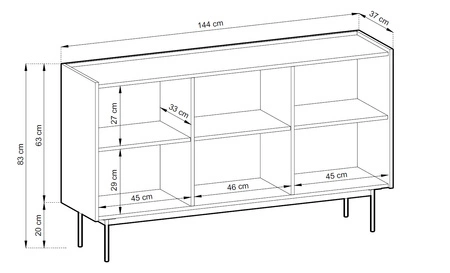 Komoda Vellore 144 cm béžová elegantní komoda s jemným charakterem se sníženou horní deskou v dubovém odstínu kovové nohy