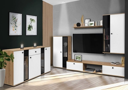 Sada nábytku Senja dub artisan / bílá moderní design dekorativní drážkovaná čela s kovovými úchytkami