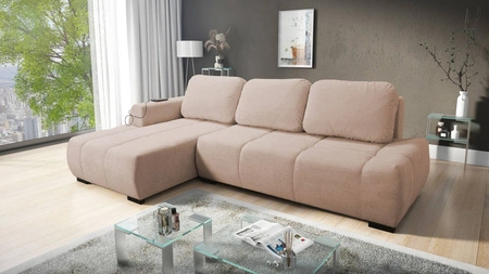 Rohová pohovka s funkcí spaní Gentle pudrově růžová levá strana stylový design rohová rozkládací pohovka charakteristická svým zaobleným tvarem