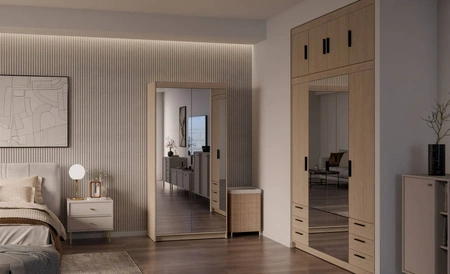 Šatní skříň Rene 90 cm olejovaný dub stylový design jednoduchý tvar ideální šatní skříň se zrcadlem do ložnice nebo předsíně hrany s povrchovou úpravou ABS