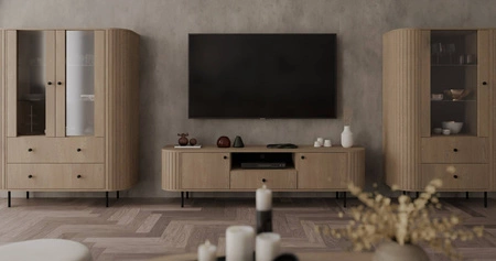 Ovalio 123 cm dub cremona designová vitrína do obývacího pokoje s oválným tvarem a dekorativním frézováním prostorné zásuvky