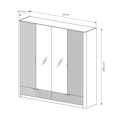 Zrcadlová šatní skříň Lante 213 cm béžová stylová šatní skříň se zásuvkami v moderním designu drážkovaná čela originální zaoblený tvar