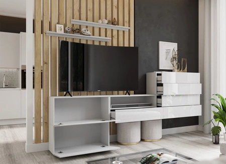 Nábytková stěna Agria bílá / bílý lesk neobvyklý design praktické řešení ideální pro každý obývací pokoj opticky zvětšuje interiér