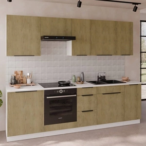 Sada kuchyňského nábytku Cremona 260 cm elegantní kuchyňské skříňky v jemných a přírodních barvách úchyty s kovovými hranami