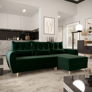 Rohová sedací souprava s funkcí spaní Rovigo bottle green right elegantní rohová sedací souprava ve skandinávském designu velká přihrádka na lůžkoviny