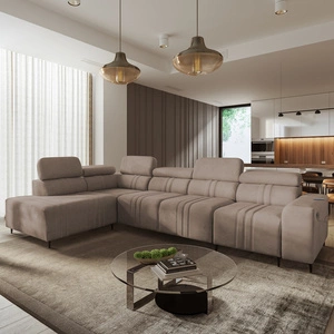 Rohová sedací souprava s funkcí spaní Castel XI světle hnědá levá pohodlná rohová sedací souprava s úložným prostorem na lůžkoviny odolná látka