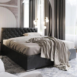 Čalouněná postel Bauru 140x200 v grafitovém provedení s úložným boxem v moderním skandinávském stylu s prošívaným podhlavníkem s krystaly