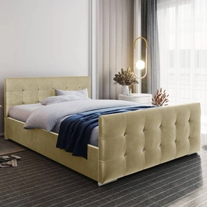 Čalouněná postel Alford 180x200 béžová s kontejnerem v moderním skandinávském stylu s prošívaným podhlavníkem a podnožkou s krystaly