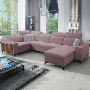 Rohová sedací souprava s funkcí spaní Kelly IV levandulově růžová pravostranná proplétaná pohodlná rohová sedací souprava nastavitelné opěrky hlavy boční čalounění s lamelami