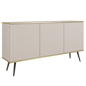 Luxusní komoda 160 cm béžová elegantní design stylová drážkovaná čela korpus komody doplněný zlatým lemováním černé kovové nohy