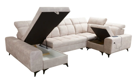 Rozkládací pohovka Buffalo IV tmavě béžová levá rohová rozkládací pohovka se dvěma kontejnery na lůžkoviny velurová tkanina