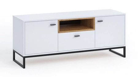 RTV skříň Olier 135 cm bílá moderní design kovový rám černá průmyslová RTV skříň v loftovém stylu 