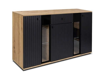 Zásuvková komoda Senja 140 cm řemeslně zpracovaný dub / černá elegantní design dekorativní drážkované čelo s kovovou rukojetí