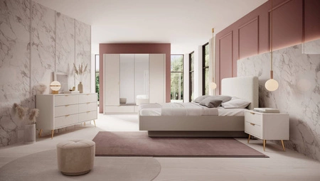 Zrcadlová šatní skříň Lante 213 cm béžová stylová šatní skříň se zásuvkami v moderním designu drážkovaná čela originální zaoblený tvar