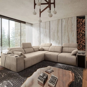 Rohová sedací souprava s funkcí spaní Tesalia III béžová pravá komfortní rohová sedací souprava s posuvným opěradlem dvě nádoby na lůžkoviny