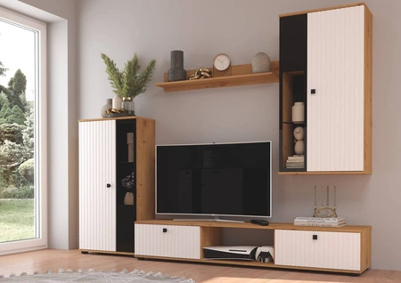 Sada nábytku Senja dub artisan / bílá moderní design dekorativní drážkovaná čela s kovovými úchytkami