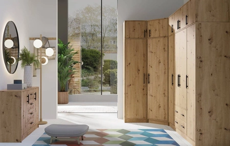 Šatní skříň Caspe 150 cm dubová řemeslná moderní design povrchová úprava ABS a černé úchytky