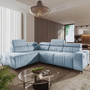 Rohová pohovka s funkcí spaní Castel VII modrá levá stylová rohová pohovka s úložným prostorem na lůžkoviny a nastavitelnými opěrkami hlavy