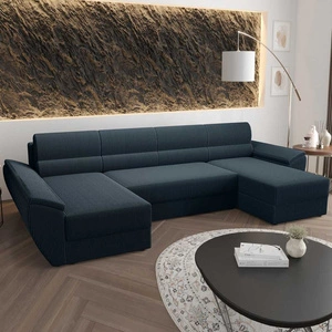 Rohová pohovka s funkcí spaní Fogu U III modrá stylová rohová pohovka s područkami a úložným prostorem na lůžkoviny manšestrová tkanina