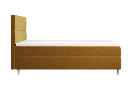 Kontinentální postel Bing 120x200 hořčice v moderním skandinávském stylu s čalouněným čelem postele s úložným boxem