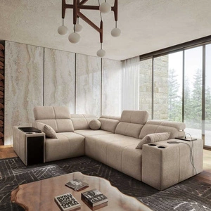 Rohová sedačka s funkcí spaní Tesalia II béžová levá pohodlná rohová sedačka do obývacího pokoje s posuvným opěradlem nádoba na lůžkoviny