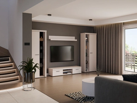 Nástěnná skříňka Rene XL béžová písková Ideální nástěnná skříňka pro milovníky moderního uspořádání s elegantním charakterem