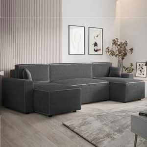 Rohová sedací souprava s funkcí spaní Brandon U Bis šedý kontejner na lůžkoviny trojrozměrná látka s výraznými pruhy měkké područky